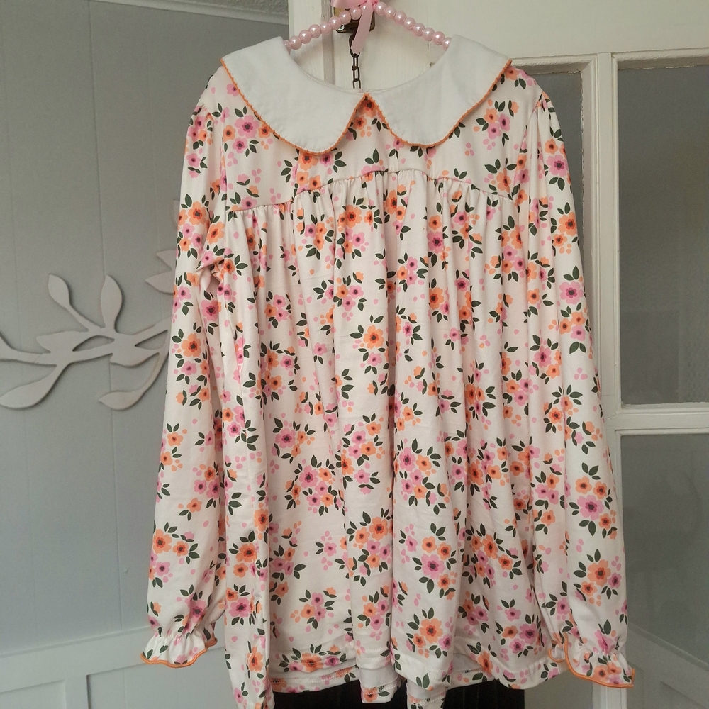 White Floral Collared Blouse with Pink & Orange Flowers